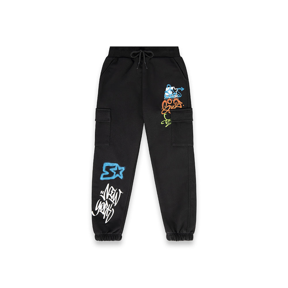 Pantaloni da bambino con tasconi stampa graffiti NERO