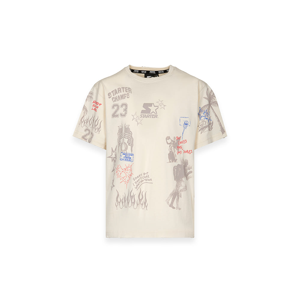 T-shirt con stampa collage all-over e grafiche mixate CREMA