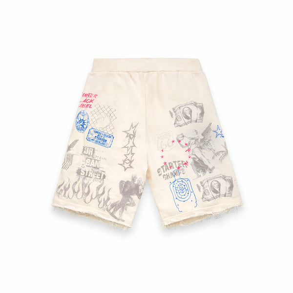 Bermuda con stampa collage all-over e grafiche mixate CREMA