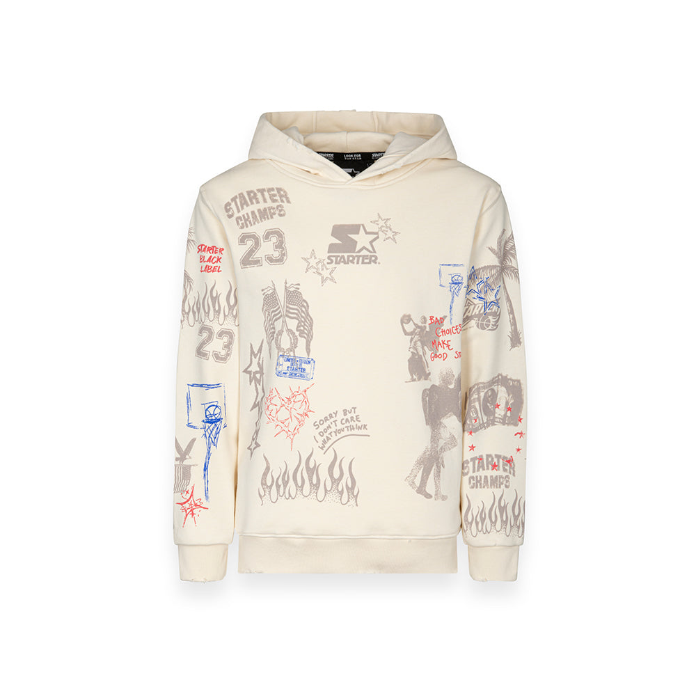 Felpa con cappuccio stampa collage all-over e grafiche mixate CREMA