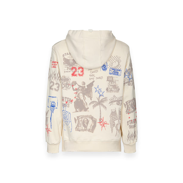 Felpa con cappuccio stampa collage all-over e grafiche mixate CREMA