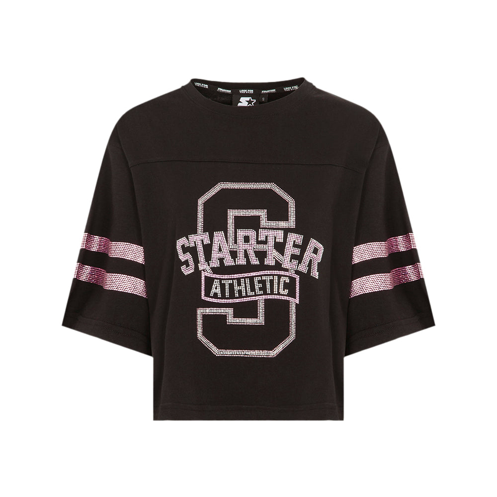 T-shirt cropped con grafica in strass NERO