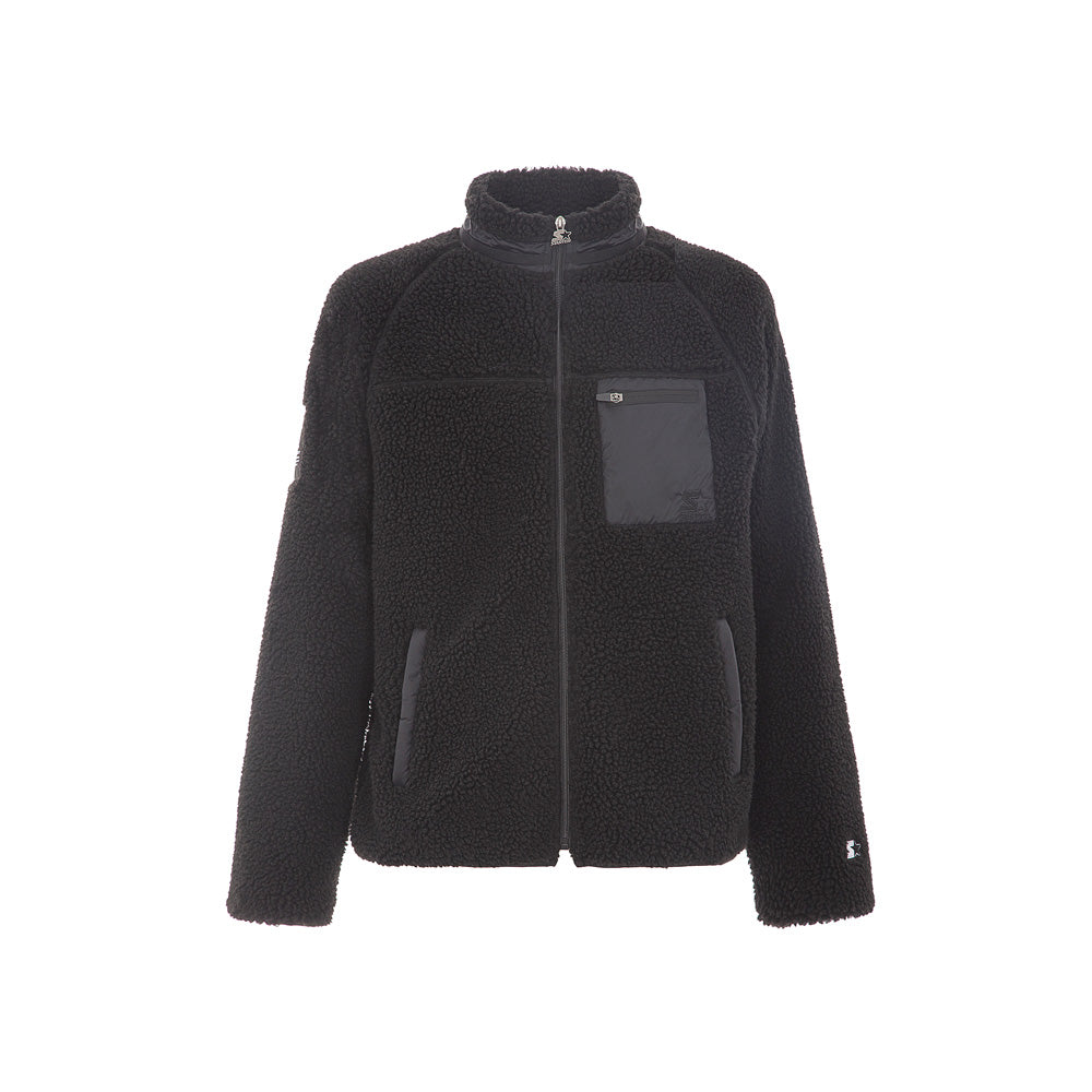 Giacca in pelliccia sintetica con zip e taschino in nylon NERO- PRE ORDINE