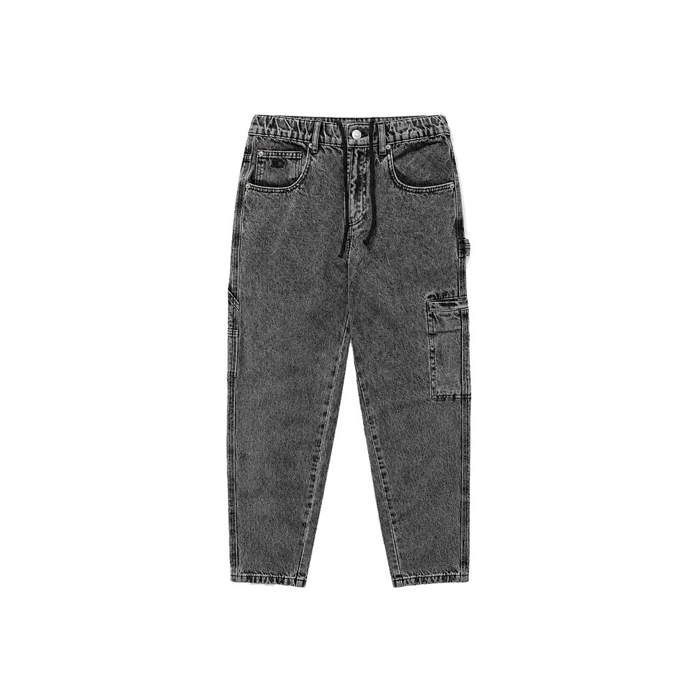 Jeans Uomo Cargo in Denim Effetto Slavato con Tasche Utility e Vita Elasticizzata NERO