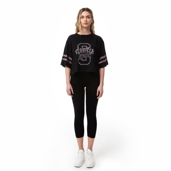 T-shirt cropped con grafica in strass NERO